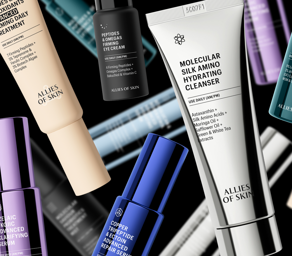 Allies of Skin skincare products scattered on black including Molecular Silk Amino Hydrating Cleanser, eye cream and serums, quiz module