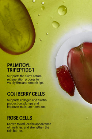 A close-up cosmetic ingredient graphic with text reading 'PALMITOYL TRIPEPTIDE-1', 'GOJI BERRY CELLS', and 'ROSE CELLS' on a yellow-green background with water droplets and fruit/seed imagery.