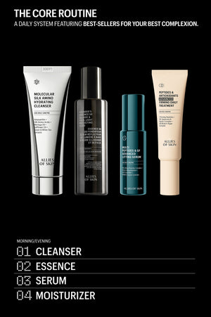 Allies of Skin daily routine of Hydrating Cleanser, Founder's Essence 56, Lifting Serum and Firming Daily Treatment, 4 steps
