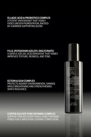Founder's Essence 56 ingredient graphic: ellagic acid & probiotics, P.A.D., ectoin & goji, and copper sulfate pore refining complex